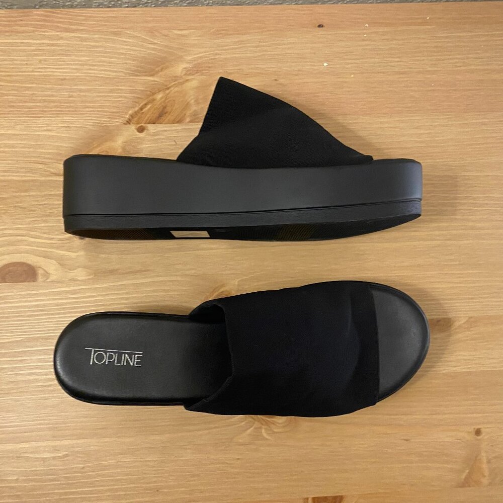 Black, platform, wedge fabric slide shoe. Platform height 1.75 inches, Size 10.
